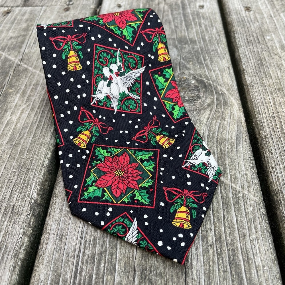 Addiction Christmas Men's Tie  Poinsettia‎ Doves Holly Bell Black Red 4" W 54" L